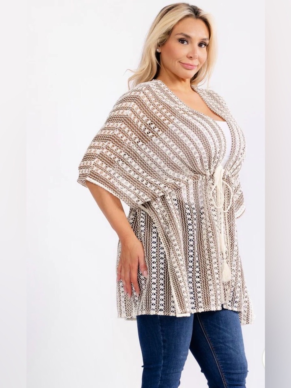 0246. Boho Tie-Front Crochet Kimono in Cream and Tan - Picture 3 of 5